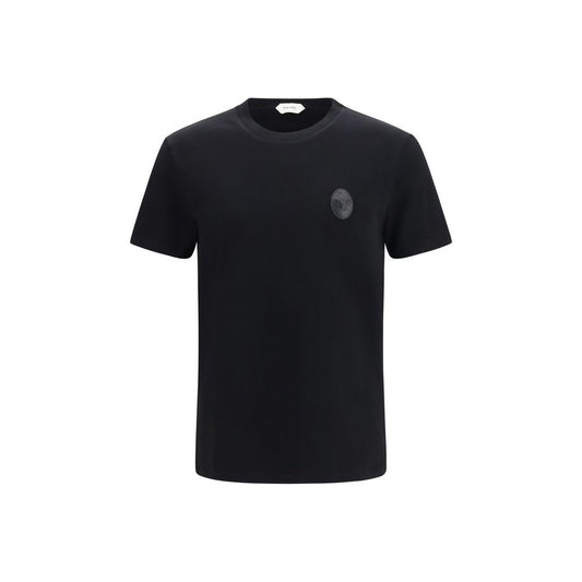 T-Shirt by Versace for men in stretch cotton black showcases a unassuming silhouette, artfully detailed with a refined crew neckline and unassuming short-sleeve for a sophisticated, contemporary look.