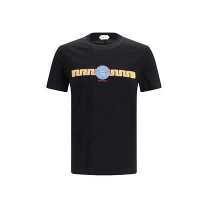 T-Shirt by Versace for men in cotton black & print features an edgy silhouette, meticulously detailed with a sophisticated short-sleeve and crew neckline for a truly edgy finish.