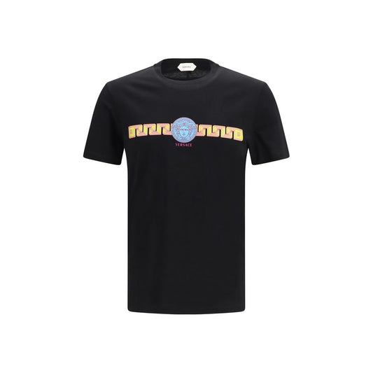 T-Shirt by Versace for men in cotton black & print features an edgy silhouette, meticulously detailed with a sophisticated short-sleeve and crew neckline for a truly edgy finish.