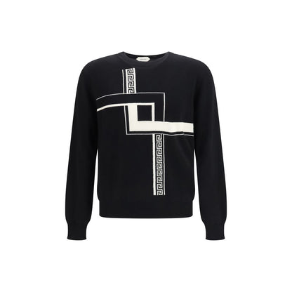 Sweater by Versace for men in cashmere & capra leather black showcases an masterful silhouette, artfully detailed with a masterful crew neckline and long-sleeve for a sophisticated, premium finish.