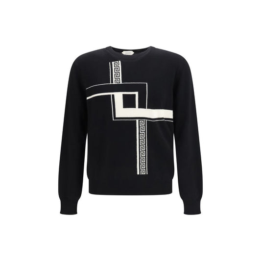 Sweater by Versace for men in cashmere & capra leather black showcases an masterful silhouette, artfully detailed with a masterful crew neckline and long-sleeve for a sophisticated, premium finish.