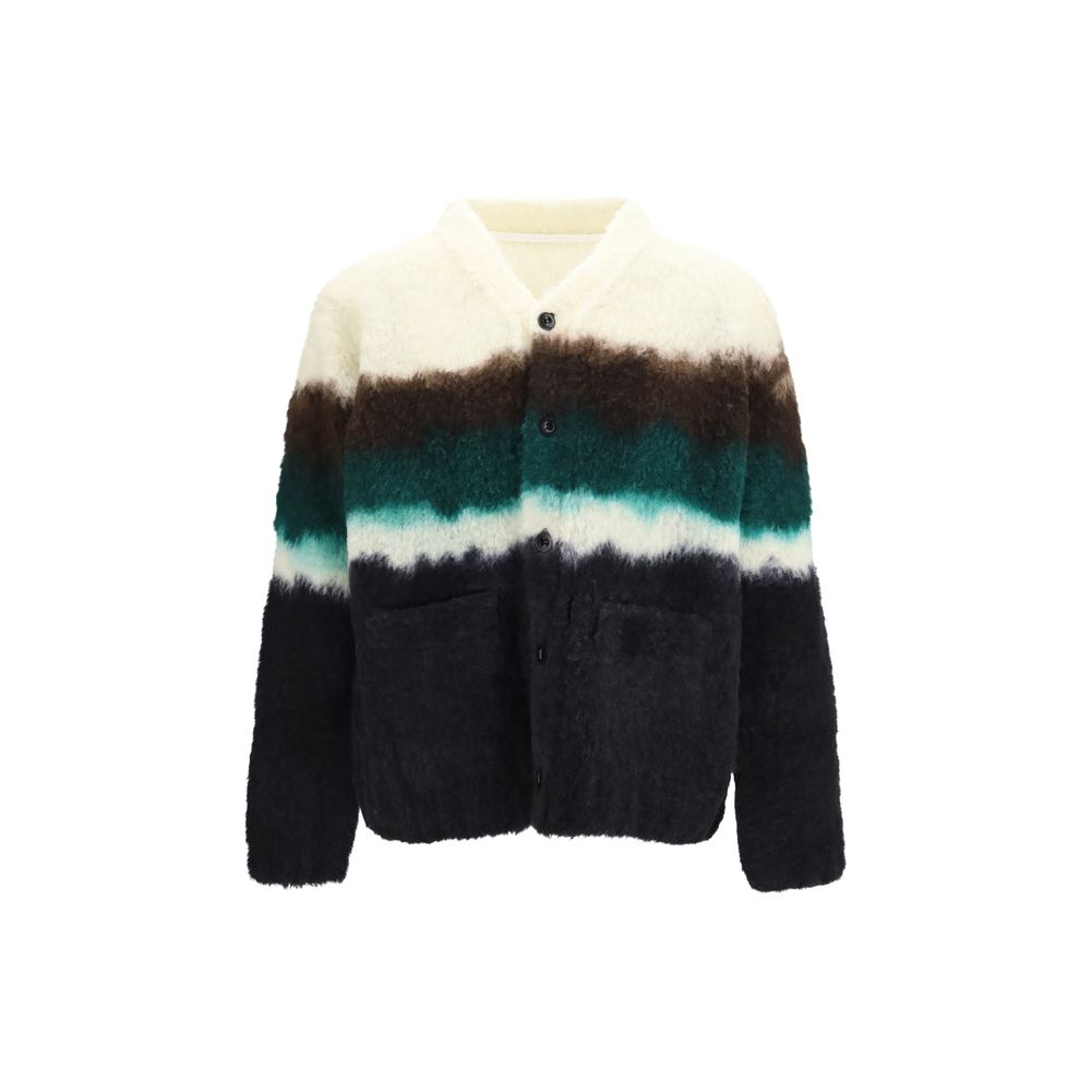 Cardigan by Sacai for men in wool & polyester multicolor features an impeccable silhouette, showcasing a sophisticated and long-sleeve detail for a truly impeccable finish.