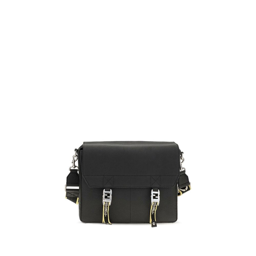 Medium 2-in-1 Shoulder & Crossbody Flap Bag by Fendi for men in bos taurus calf leather black & natural features a distinguished silhouette, showcasing a secure flap and distinguished built-in-compartments with versatile crossbody-strap, shoulder-strap & adjustable-strap for a distinguished finish.