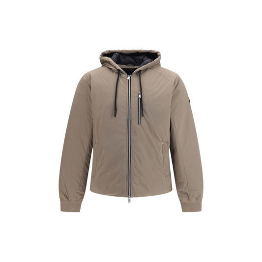 Hooded Puffer Jacket by Moose Knuckles for men in nylon & duck-down beige & signature presents a effortlessly chic silhouette, showcasing a sophisticated hooded neckline and premium pockets, hooded & insulated for a truly effortlessly chic finish.