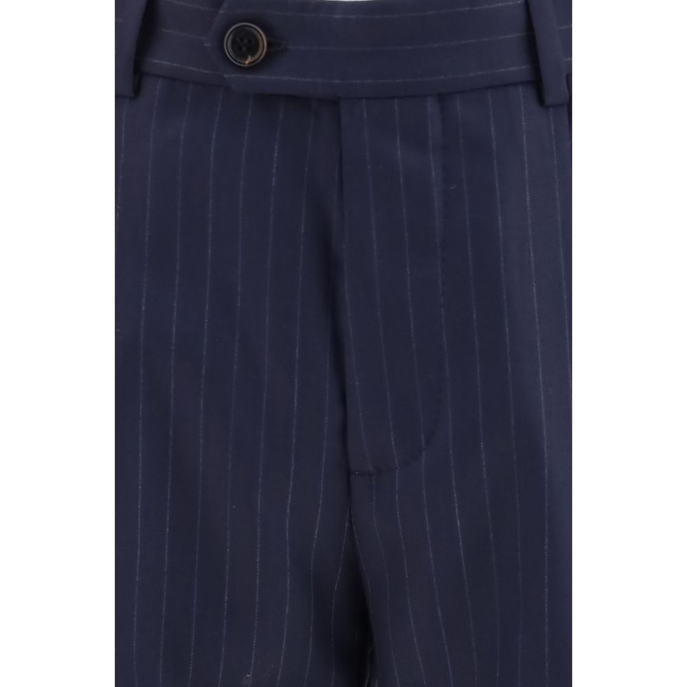 Trousers by Brunello Cucinelli for men in virgin wool blue, natural, patterned & pinstripe features a sculptural silhouette, showcasing a sculptural regular-fit and long with a sophisticated for a sculptural finish.
