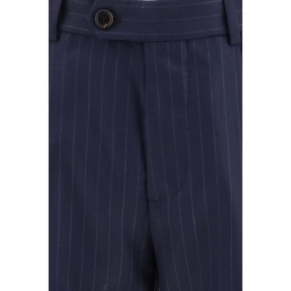 Trousers by Brunello Cucinelli for men in virgin wool blue, natural, patterned & pinstripe features a sculptural silhouette, showcasing a sculptural regular-fit and long with a sophisticated for a sculptural finish.