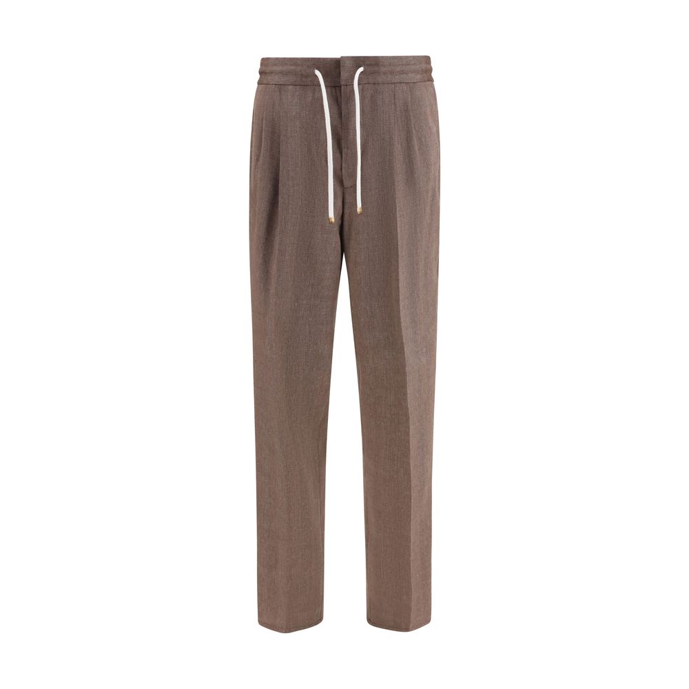 Casual Pants by Brunello Cucinelli for men in merino wool linen & cotton brown, gray, patterned & herringbone presents a tailored silhouette, showcasing a tailored regular-fit and long cut with a refined for a truly tailored aesthetic.