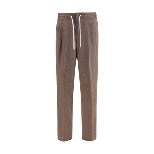Casual Pants by Brunello Cucinelli for men in merino wool linen & cotton brown, gray, patterned & herringbone presents a tailored silhouette, showcasing a tailored regular-fit and long cut with a refined for a truly tailored aesthetic.