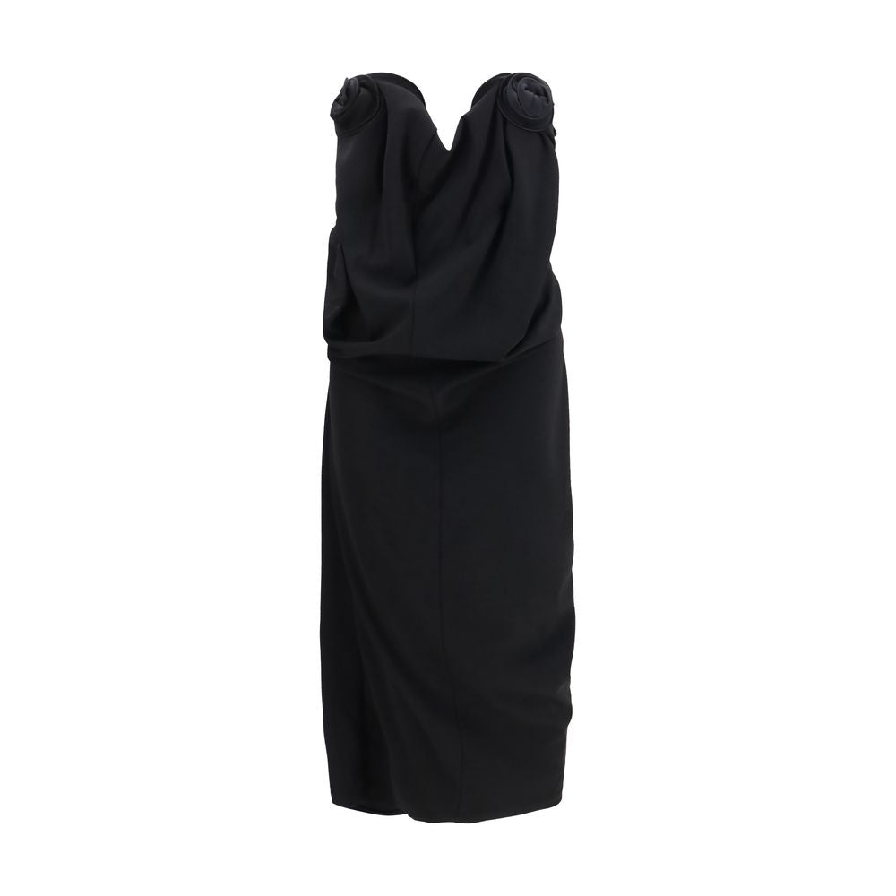 Dress by Magda Butrym for women in polyamide & wool black & floral presents a sinuous silhouette, showcasing a sophisticated strapless neckline and sleeveless; strapless detailed with a sinuous midi knee for a refined finish.