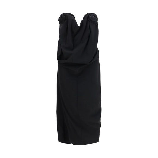 Dress by Magda Butrym for women in polyamide & wool black & floral presents a sinuous silhouette, showcasing a sophisticated strapless neckline and sleeveless; strapless detailed with a sinuous midi knee for a refined finish.