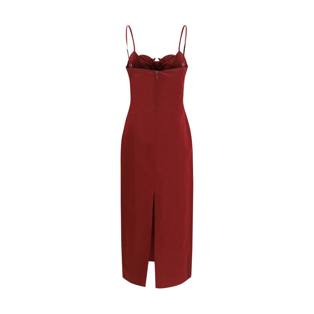 Dress by Magda Butrym for women in cotton & silk bordeaux & floral features an eye catching silhouette with a sophisticated , elegant , and a refined midi for a eye catching aesthetic.