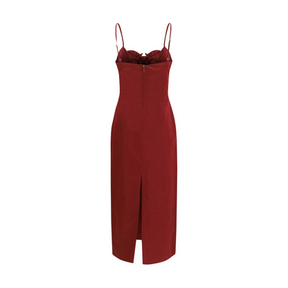 Dress by Magda Butrym for women in cotton & silk bordeaux & floral features an eye catching silhouette with a sophisticated , elegant , and a refined midi for a eye catching aesthetic.