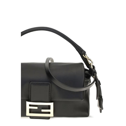 Shoulder Drawstring Baguette Bag by Fendi for women in nappa leather black & gold presents a versatile silhouette, showcasing a secure flap, drawstring, magnetic & button and versatile with versatile shoulder-strap & handle for a sophisticated look.