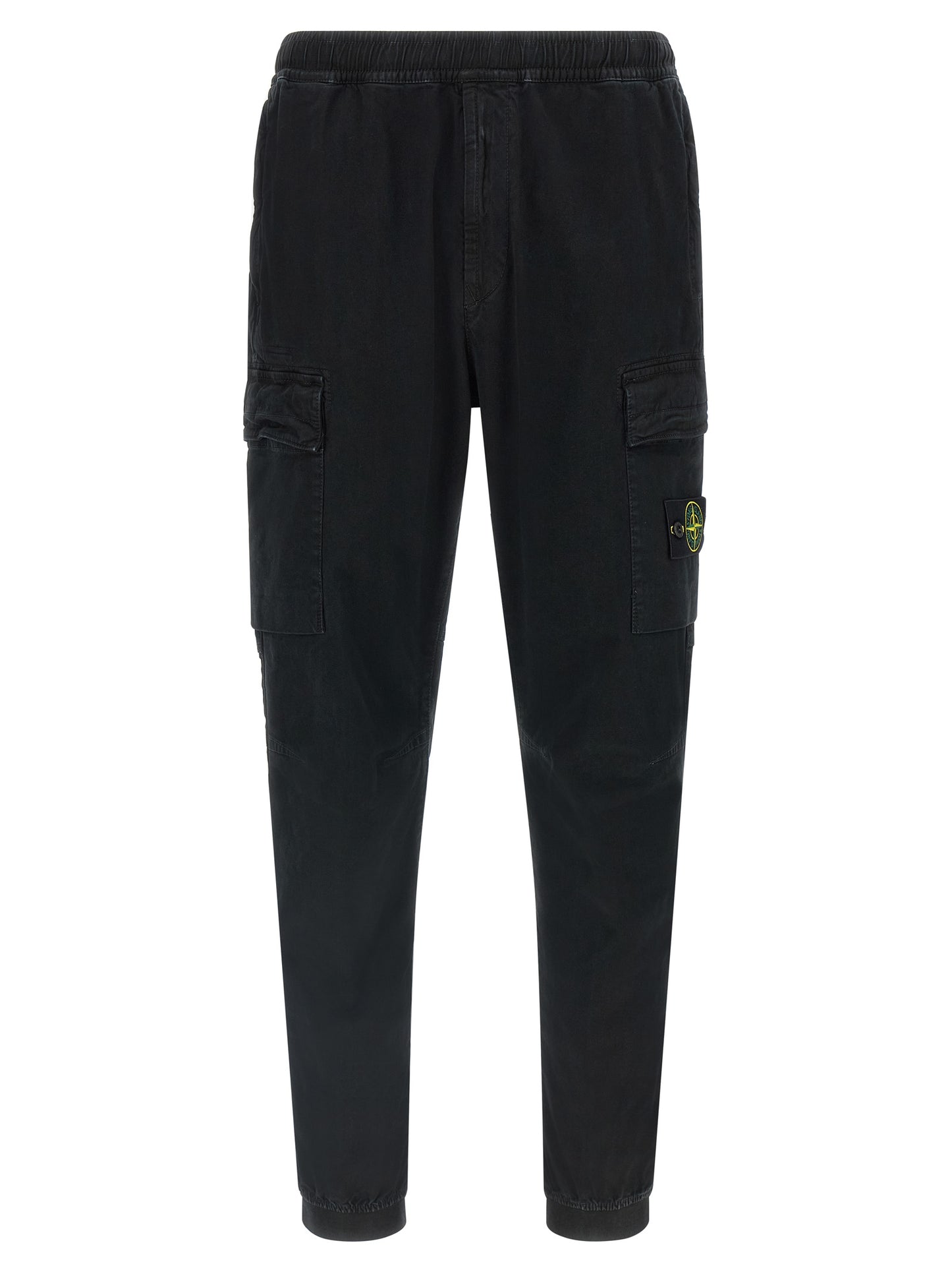 Cargo Pants by Stone Island for men in stretch cotton twill black & signature features an tailored tapered-leg with a and long, creating a tailored utilitarian silhouette.