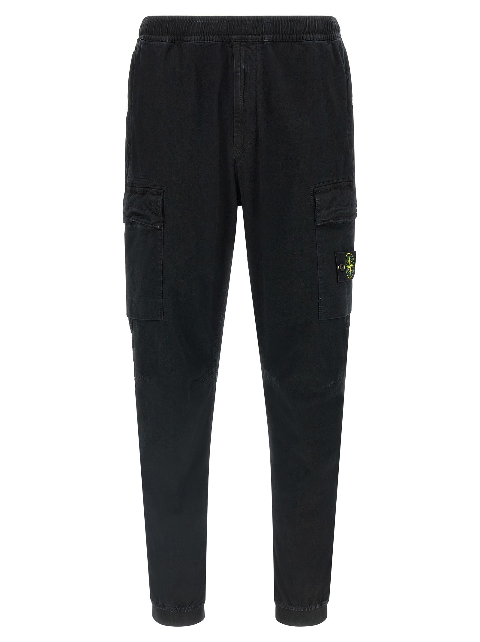 Cargo Pants by Stone Island for men in stretch cotton twill black & signature features an tailored tapered-leg with a and long, creating a tailored utilitarian silhouette.