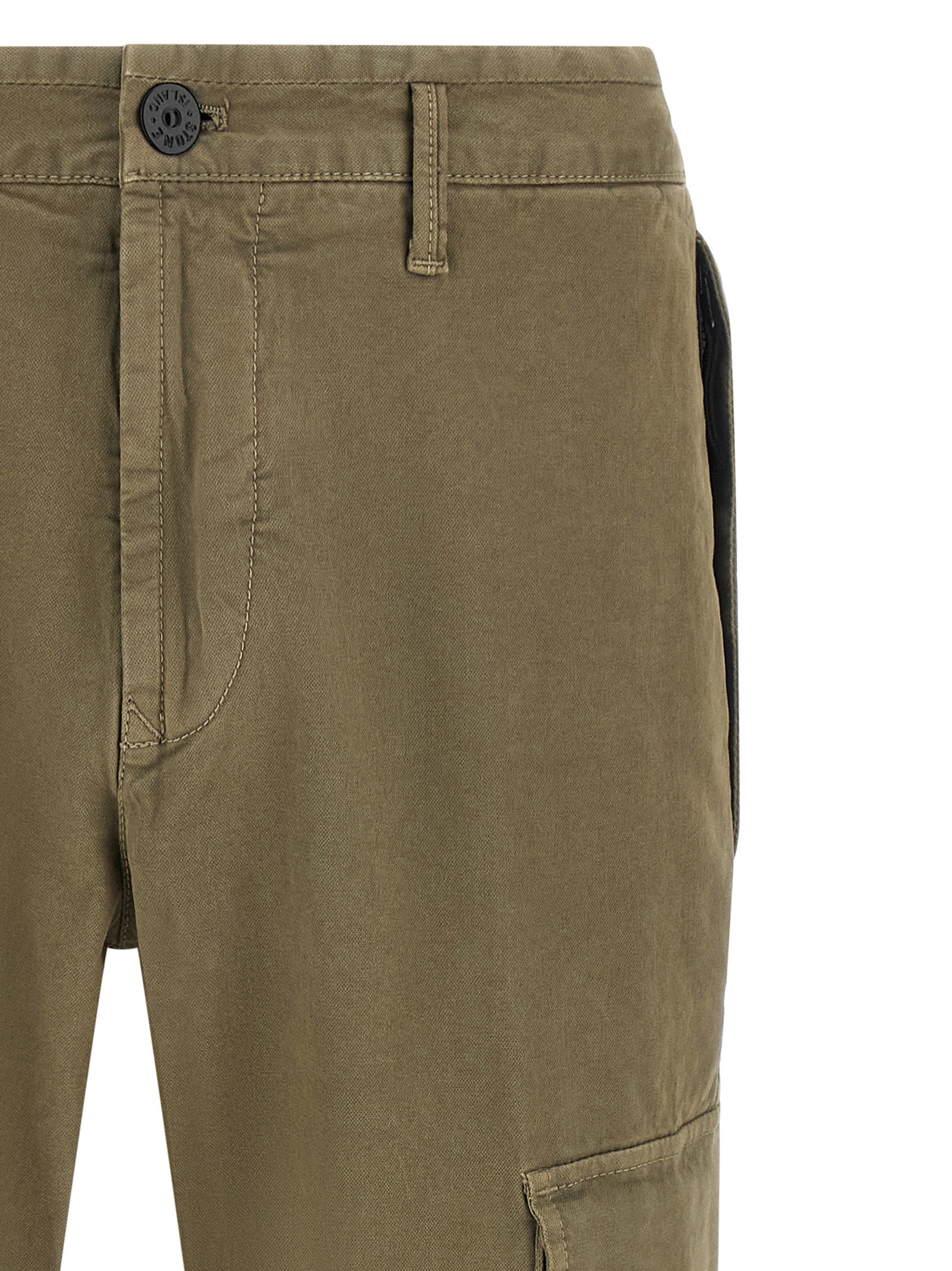 Cargo Pants by Stone Island for men in stretch cotton twill bicolour, green & olive features an urban chic with a and long, creating a urban chic aesthetic for "Moon Behind the Hill".