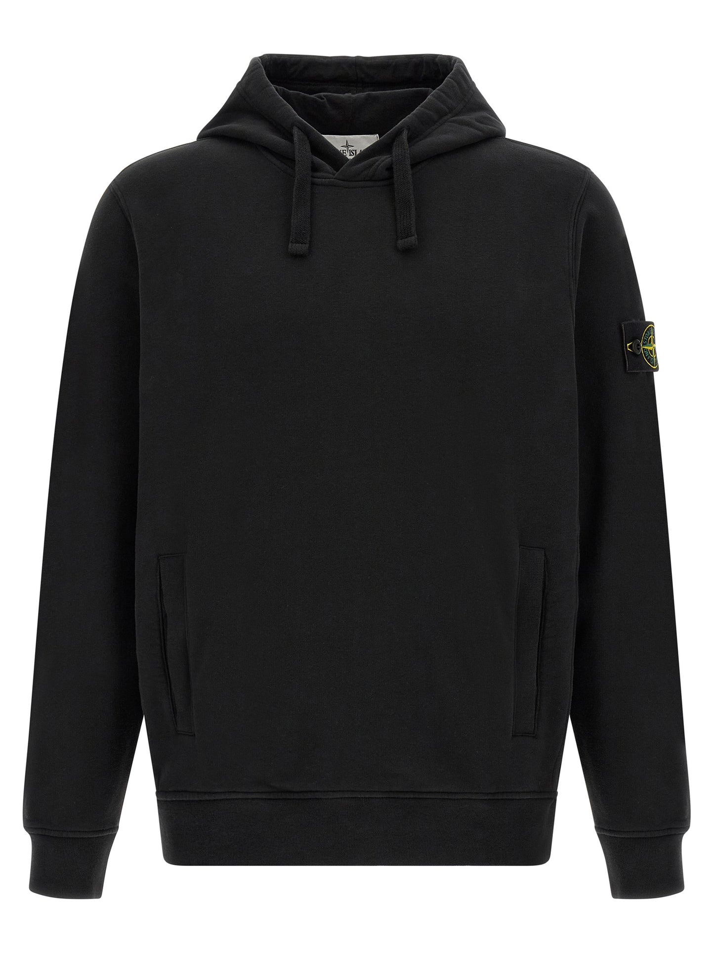 Sweatshirt Hoodie by Stone Island for men in stretch cotton black features an avant-garde silhouette, showcasing a sophisticated hooded neckline and detail for a truly avant-garde finish.