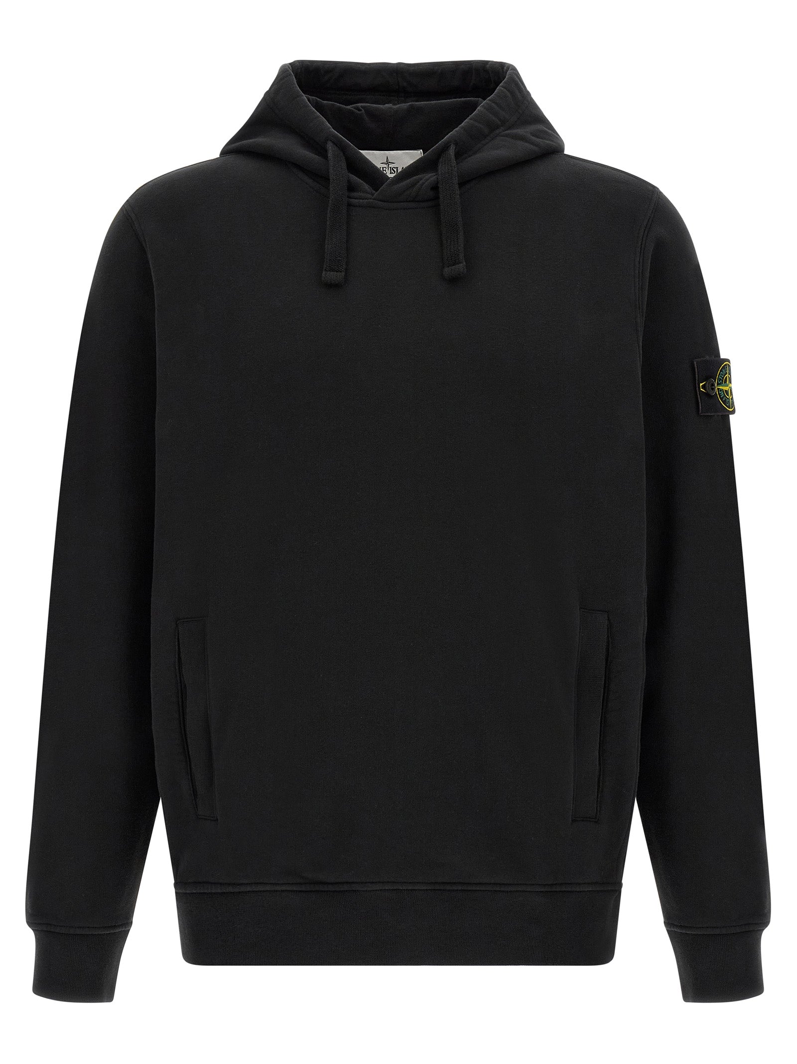 Sweatshirt Hoodie by Stone Island for men in stretch cotton black features an avant-garde silhouette, showcasing a sophisticated hooded neckline and detail for a truly avant-garde finish.