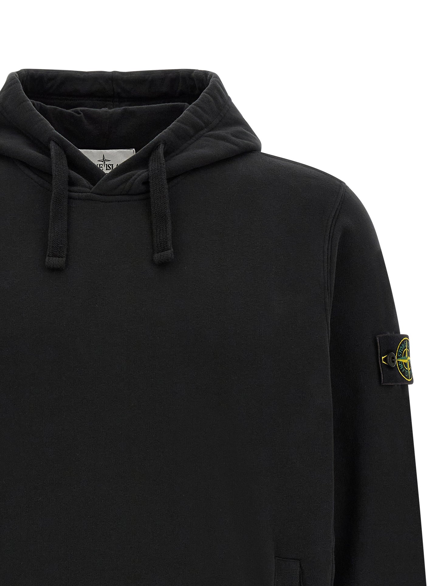 Sweatshirt Hoodie by Stone Island for men in stretch cotton black features a slouchy chic silhouette, detailed with a slouchy chic and a signature hooded neckline for an elevated aesthetic.