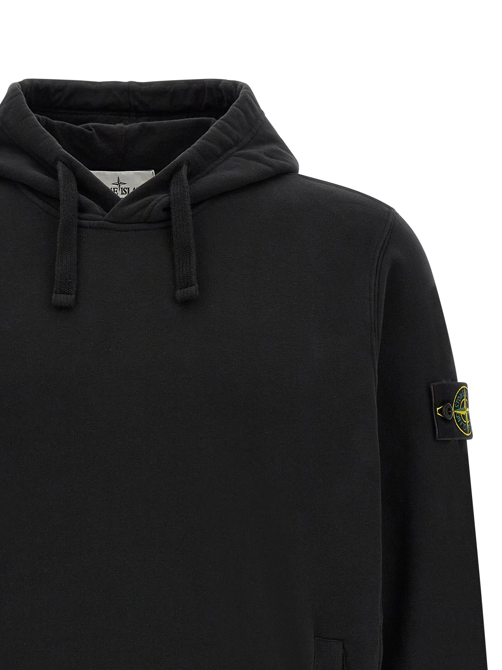 Sweatshirt Hoodie by Stone Island for men in stretch cotton black features a slouchy chic silhouette, detailed with a slouchy chic and a signature hooded neckline for an elevated aesthetic.