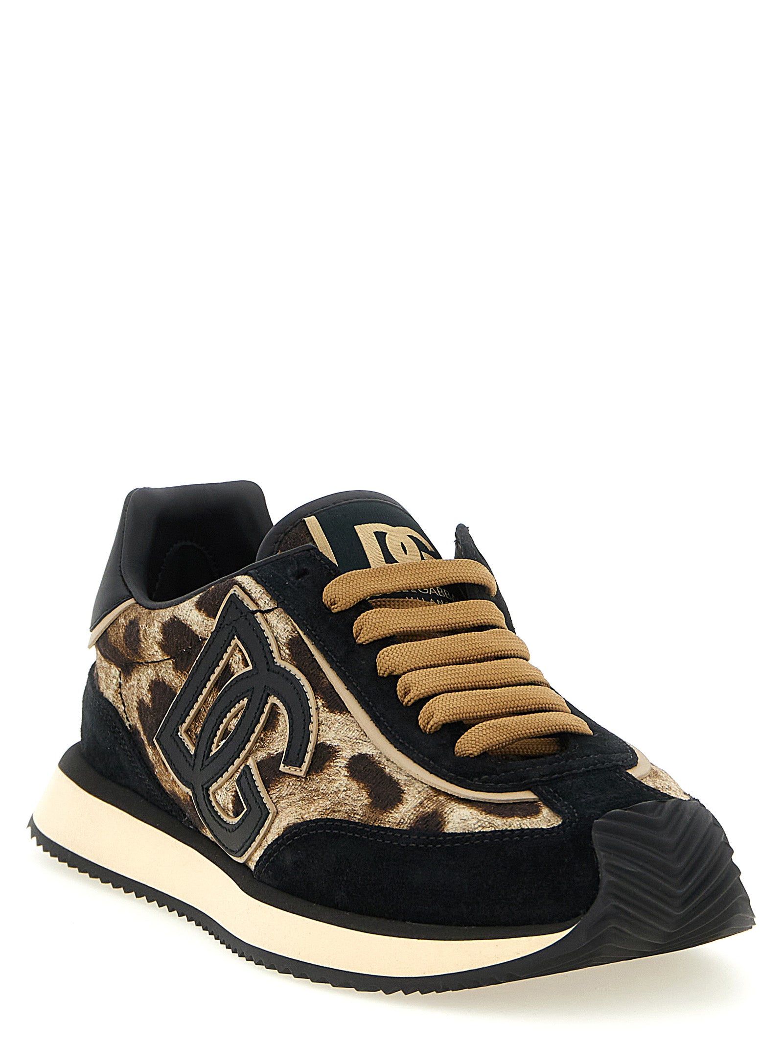 Sneakers by Dolce & Gabbana for women in cotton silk viscose & suede leather black, gold, multicolor & print features a chic design, perfectly showcasing the chic low-top style of this Women's Low Top Cotton Silk Viscose & Suede Leather Sneakers.