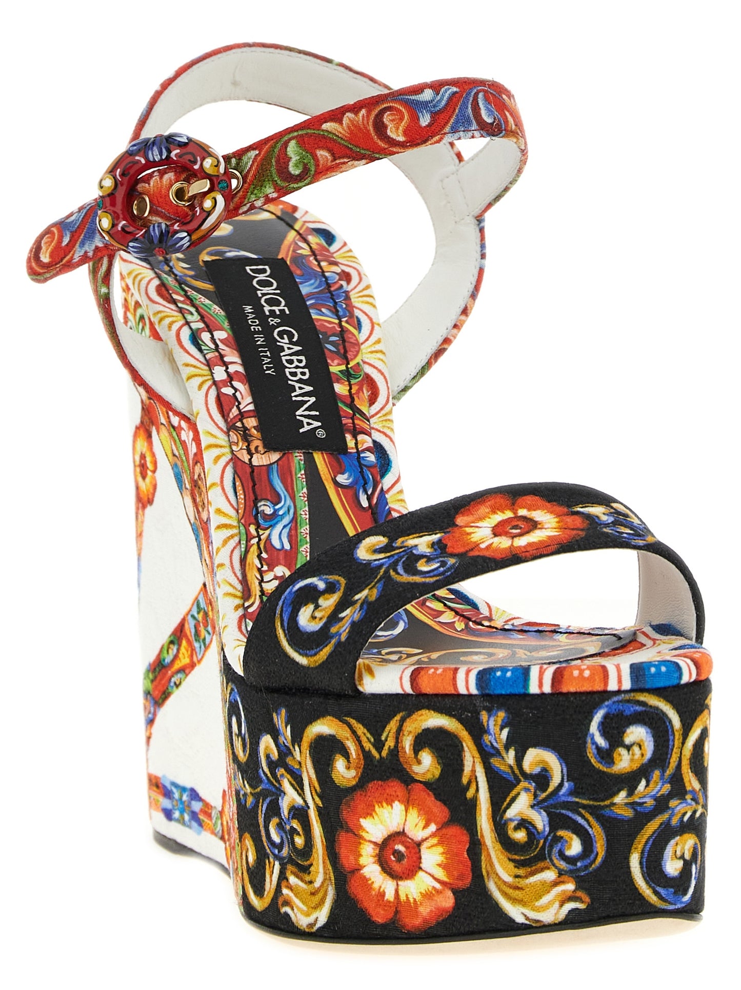 Wedge Ankle Strap Sandals by Dolce & Gabbana for women in cotton viscose & leather multicolor & print features an effortlessly chic silhouette from the Maiolica Women's Cotton Viscose & Leather Wedge Ankle Strap Sandals collection, showcasing a effortlessly chic wedge and elegant .