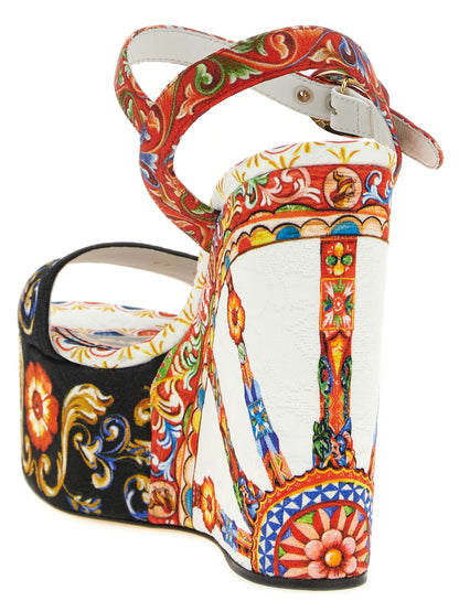 Wedge Ankle Strap Sandals by Dolce & Gabbana for women in cotton viscose & leather and multicolor & print presents a captivating silhouette, showcasing the signature style of the Maiolica Women's Cotton Viscose & Leather Wedge Ankle Strap Sandals with a captivating wedge and captivating .