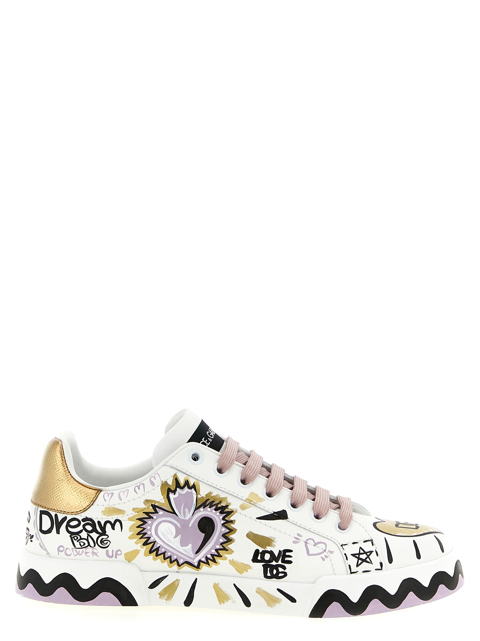 Sneakers by Dolce & Gabbana for women in calfskin leather black, gold, lilac, multicolor & white features an versatile design from the Heart Women's Low Top Calfskin Leather Sneakers collection, highlighting a versatile low-top style for a premium, high-fashion look.