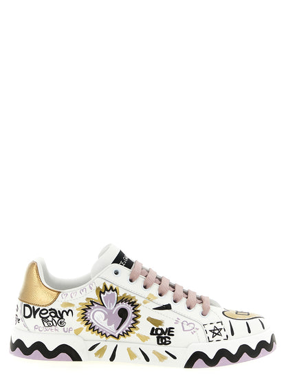 Sneakers by Dolce & Gabbana for women in calfskin leather black, gold, lilac, multicolor & white features an versatile design from the Heart Women's Low Top Calfskin Leather Sneakers collection, highlighting a versatile low-top style for a premium, high-fashion look.