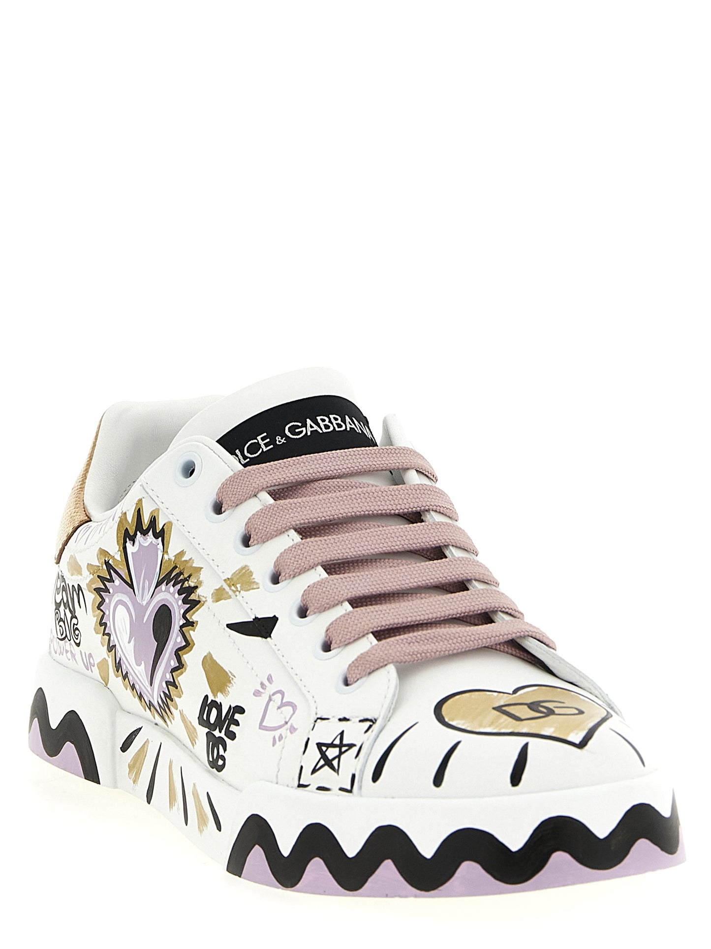 Sneakers by Dolce & Gabbana for women in calfskin leather black, gold, lilac, multicolor & white presents a sumptuous silhouette, artfully capturing the essence of the Heart Women's Low Top Calfskin Leather Sneakers with its sumptuous low-top style design.