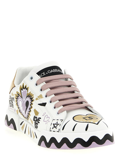 Sneakers by Dolce & Gabbana for women in calfskin leather black, gold, lilac, multicolor & white presents a sumptuous silhouette, artfully capturing the essence of the Heart Women's Low Top Calfskin Leather Sneakers with its sumptuous low-top style design.