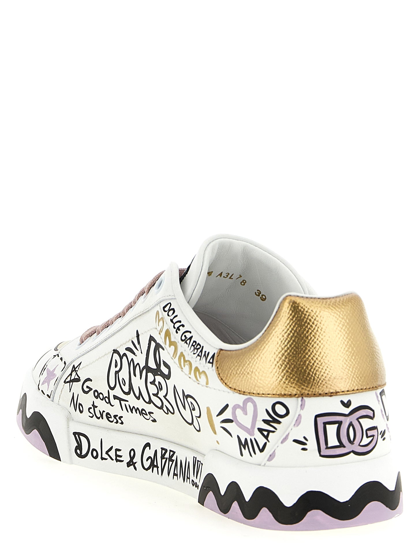 Sneakers by Dolce & Gabbana for women in calfskin leather black, gold, lilac, multicolor & white presents a on trend silhouette from the Heart Women's Low Top Calfskin Leather Sneakers collection, showcasing a on trend low-top style for an elevated aesthetic.