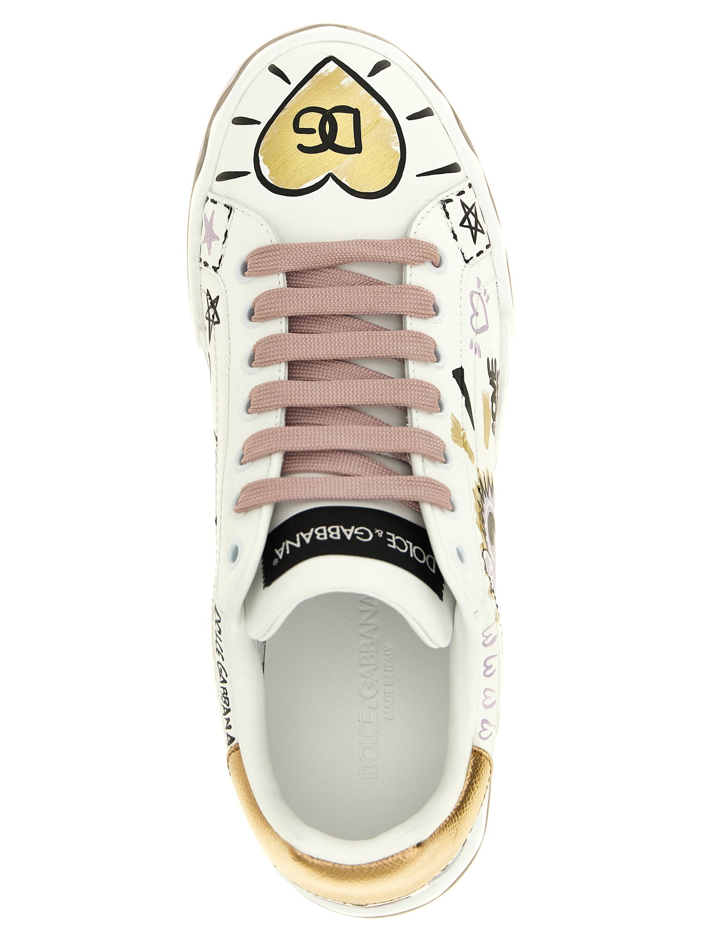 Sneakers by Dolce & Gabbana for women in calfskin leather black, gold, lilac, multicolor & white presents a impeccable silhouette as Heart Women's Low Top Calfskin Leather Sneakers, expertly defined by a impeccable low-top style for a impeccable, high-fashion look.