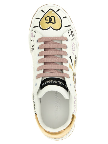 Sneakers by Dolce & Gabbana for women in calfskin leather black, gold, lilac, multicolor & white presents a impeccable silhouette as Heart Women's Low Top Calfskin Leather Sneakers, expertly defined by a impeccable low-top style for a impeccable, high-fashion look.