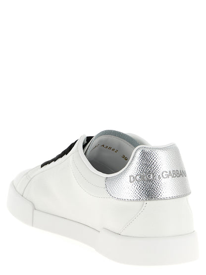Sneakers by Dolce & Gabbana for women in dauphine calfskin leather black & silver features an fashionable silhouette, showcasing the premium Women's Low Top Dauphine Calfskin Leather Sneakers in a fashionable low-top style that offers a fashionable finish for refined style.
