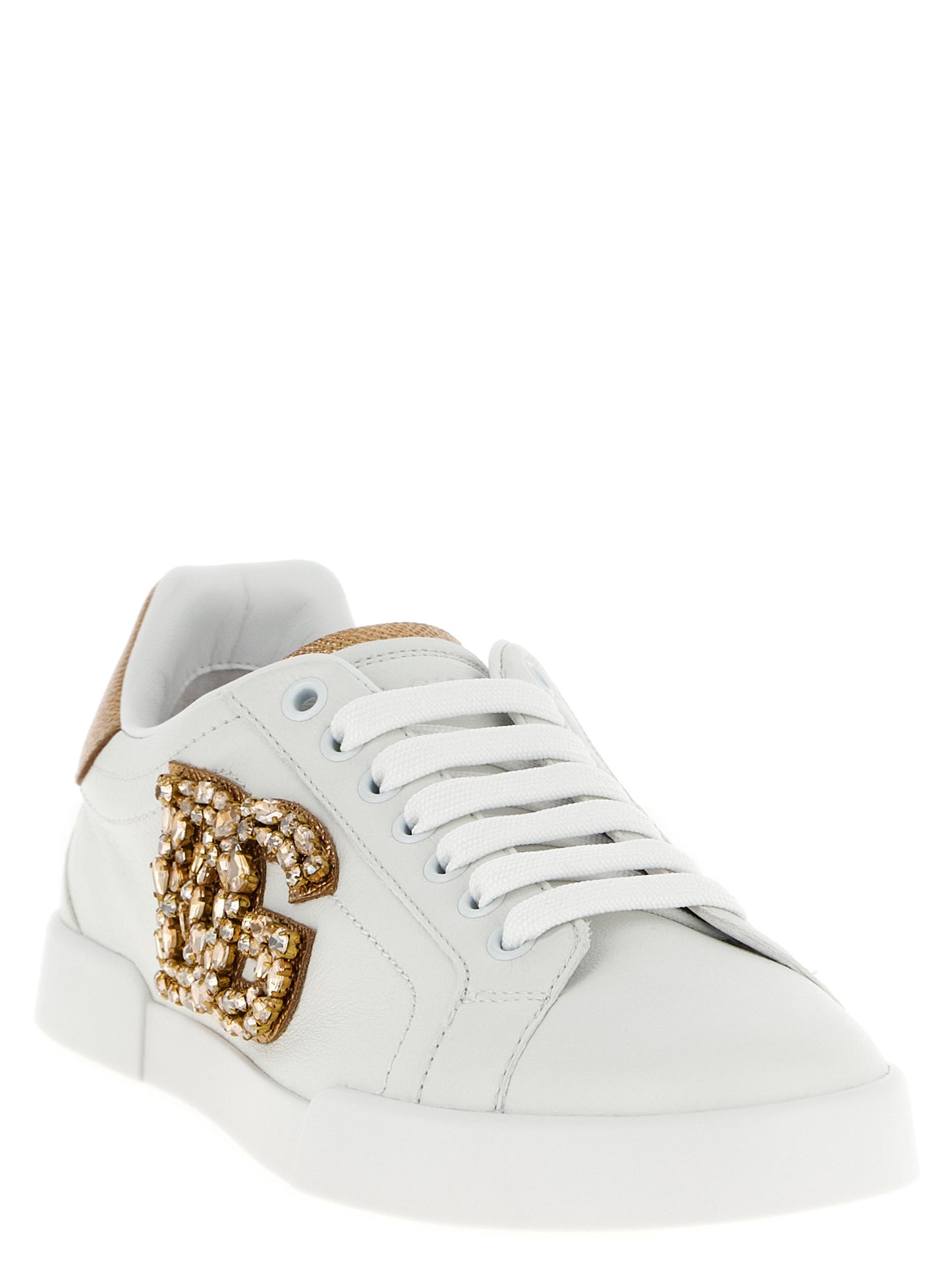 Sneakers by Dolce & Gabbana for women in dauphine calfskin leather gold & signature features an versatile design from the Women's Low Top Dauphine Calfskin Leather Sneakers collection, highlighting a versatile low-top style for a premium, high-fashion look.