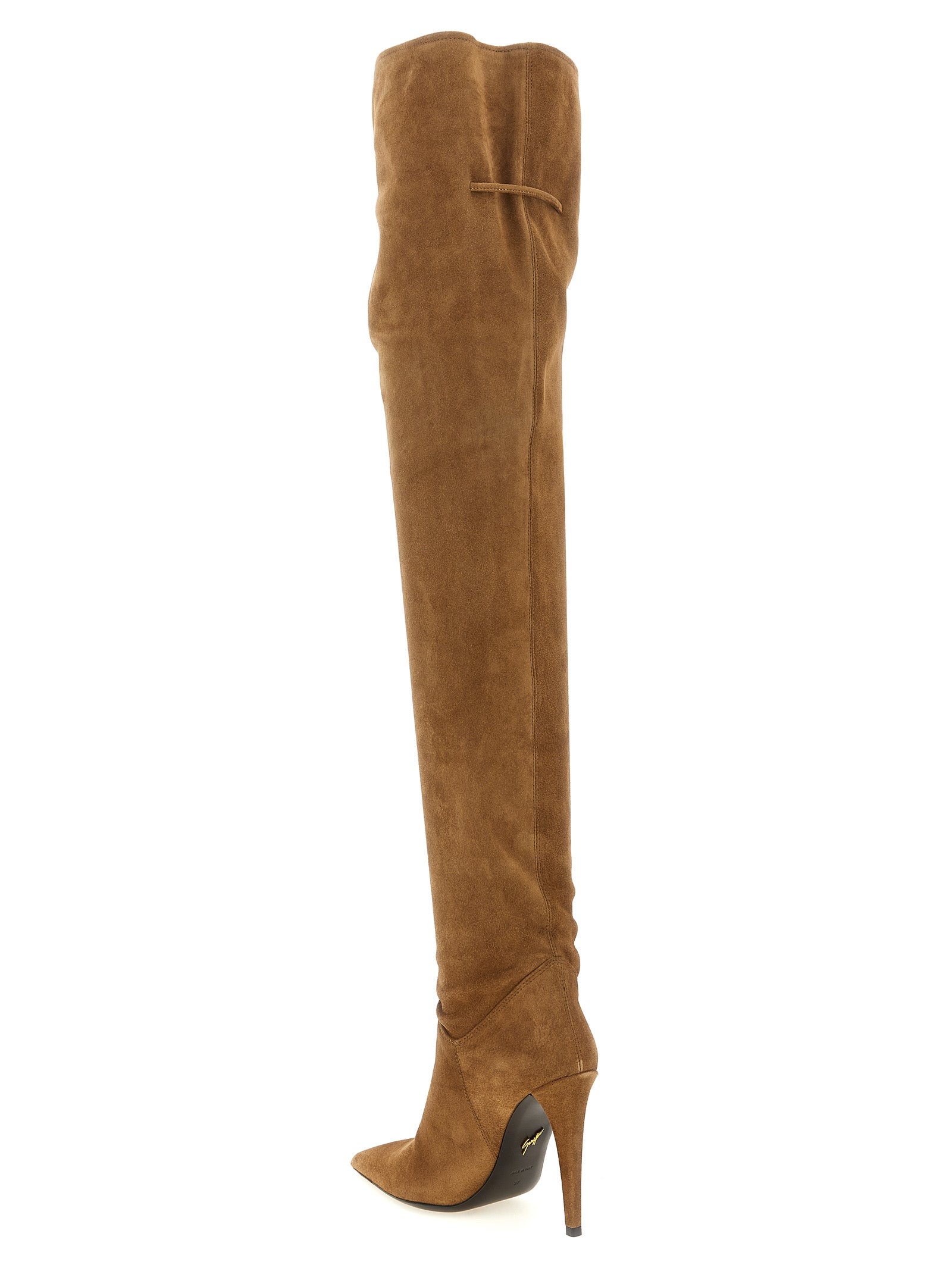 Stiletto Over-The-Knee Boots by Giuseppe Zanotti for women in suede calfskin leather brown, gold & signature features an avant-garde Women's Suede Calfskin Leather Stiletto Over-The-Knee Boots silhouette, defined by a sophisticated stiletto and a avant-garde .