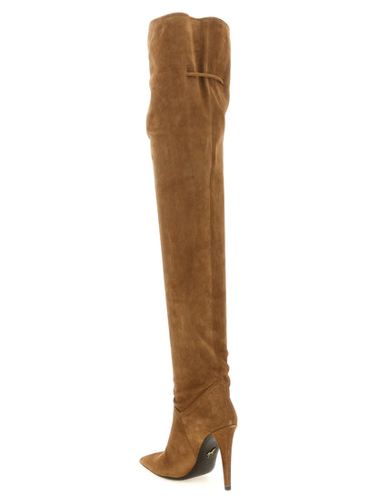 Stiletto Over-The-Knee Boots by Giuseppe Zanotti for women in suede calfskin leather brown, gold & signature features an avant-garde Women's Suede Calfskin Leather Stiletto Over-The-Knee Boots silhouette, defined by a sophisticated stiletto and a avant-garde .