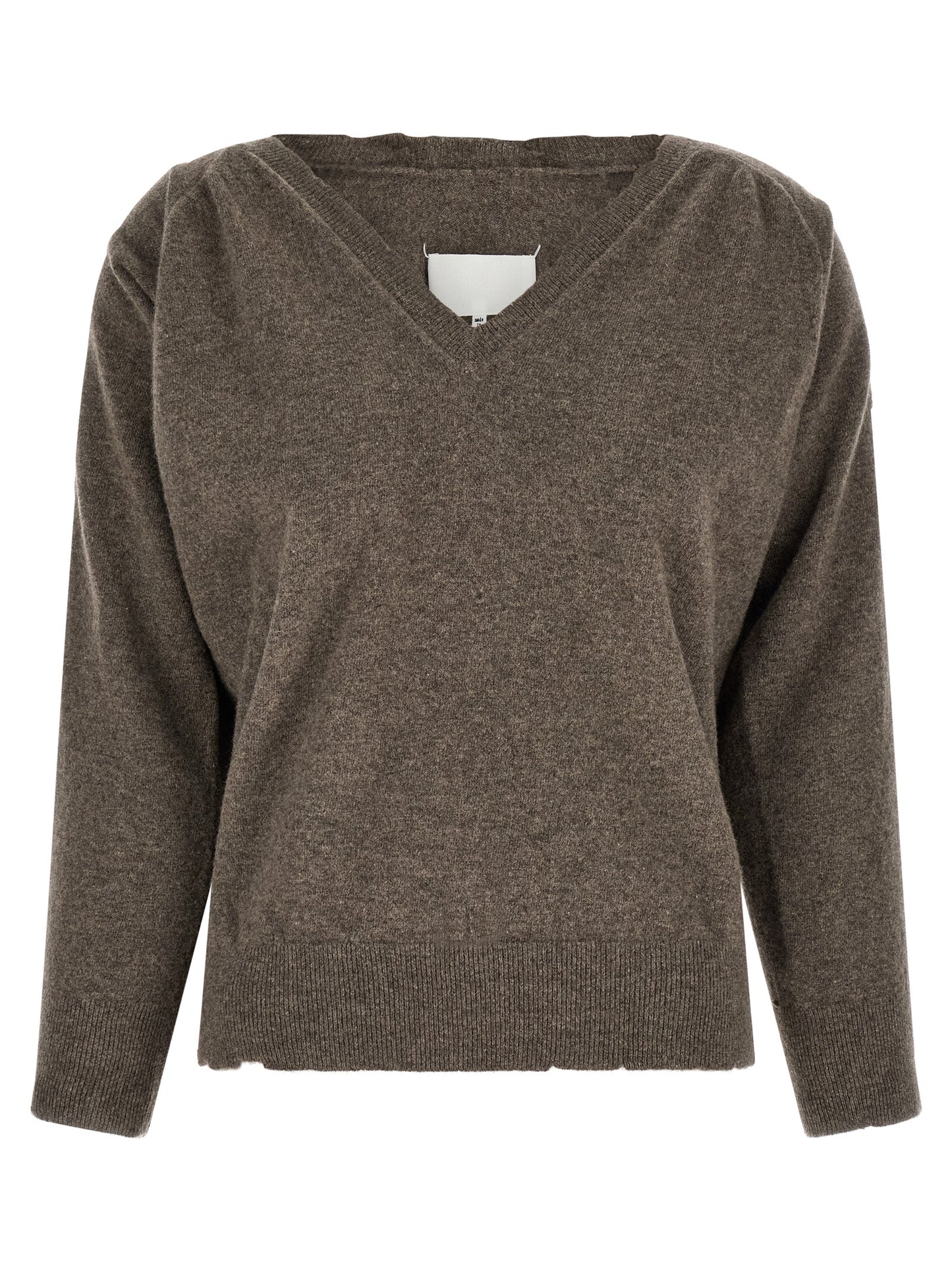 Cardigan by Maison Margiela for women in virgin wool brown features a dramatic silhouette, showcasing a sophisticated and dramatic detail for a timeless, premium look.
