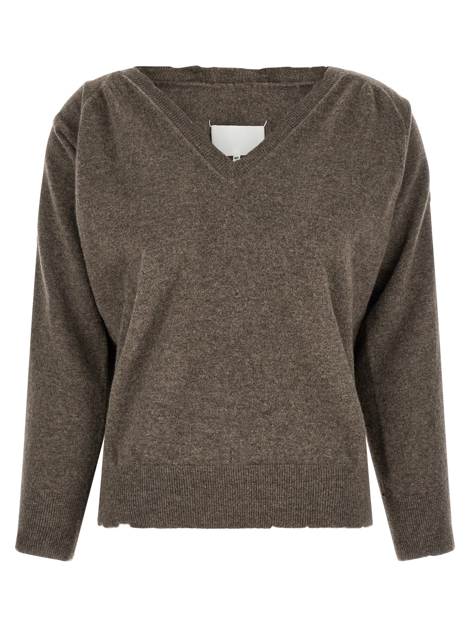 Cardigan by Maison Margiela for women in virgin wool brown features a dramatic silhouette, showcasing a sophisticated and dramatic detail for a timeless, premium look.