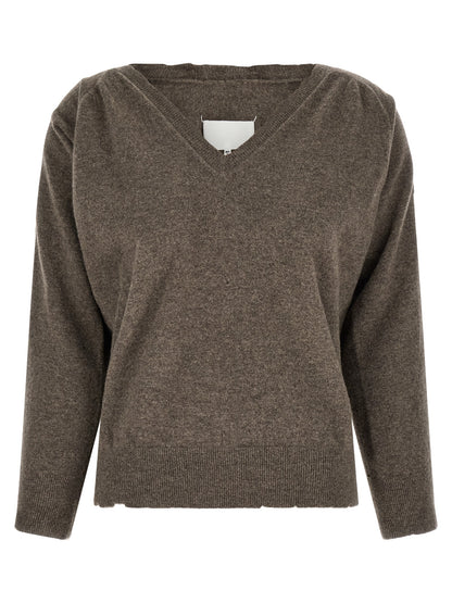Cardigan by Maison Margiela for women in virgin wool brown features a dramatic silhouette, showcasing a sophisticated and dramatic detail for a timeless, premium look.