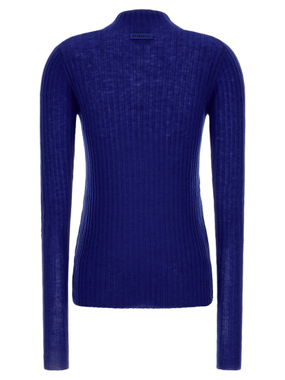 Cardigan by PINKO for women in wool blue features an impeccable silhouette, showcasing a sophisticated mock neckline and detail for a truly impeccable finish.