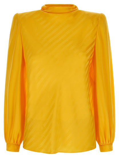 Blouse by Valentino Garavani for women in silk bicolour, yellow, jacquard & striped showcases a sharp silhouette, elegantly detailed with a sharp high-neck neckline and sharp .