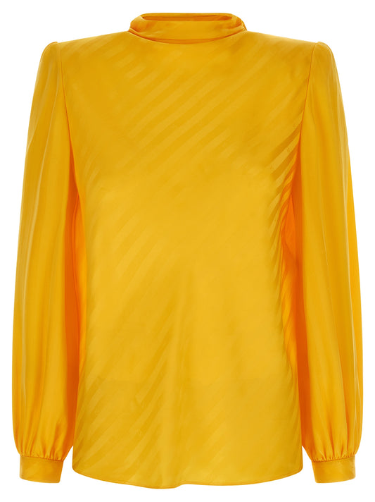 Blouse by Valentino Garavani for women in silk bicolour, yellow, jacquard & striped showcases a sharp silhouette, elegantly detailed with a sharp high-neck neckline and sharp .