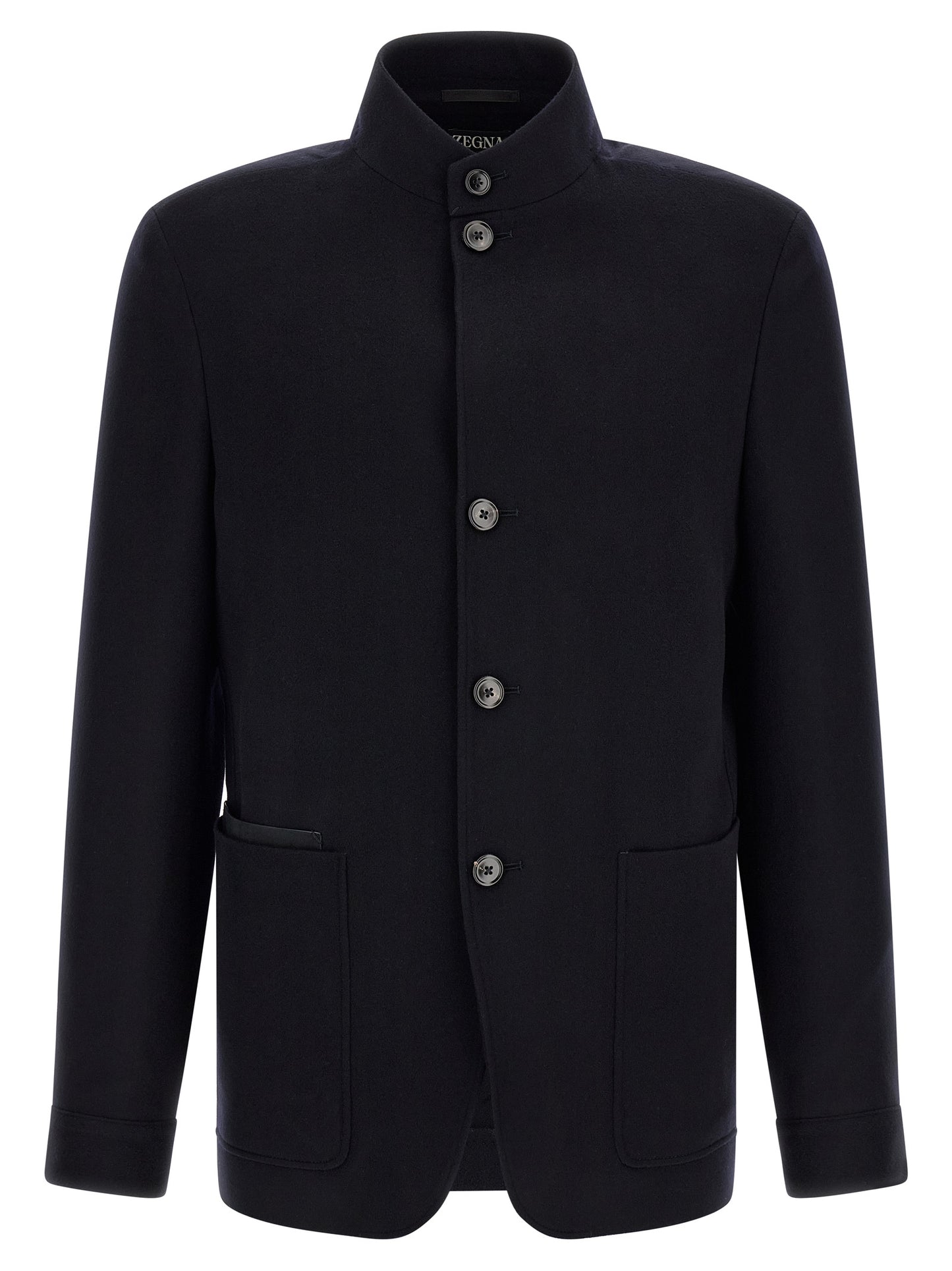 Overcoat by ZEGNA for men in cashmere & leather blue features an voluminous silhouette, showcasing distinct pockets and a voluminous high-collar neckline for a truly voluminous aesthetic.
