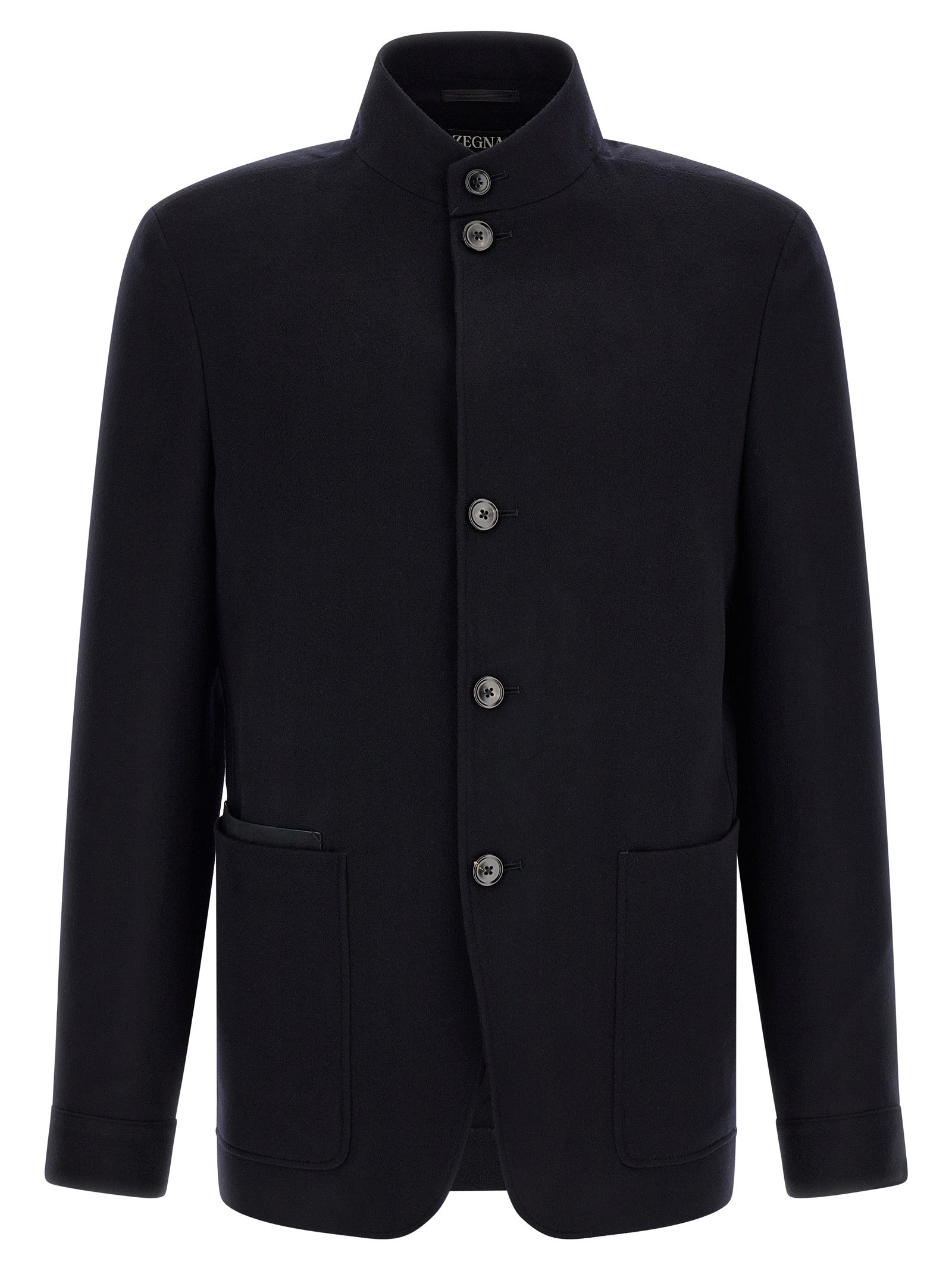 Overcoat by ZEGNA for men in cashmere & leather blue features an voluminous silhouette, showcasing distinct pockets and a voluminous high-collar neckline for a truly voluminous aesthetic.