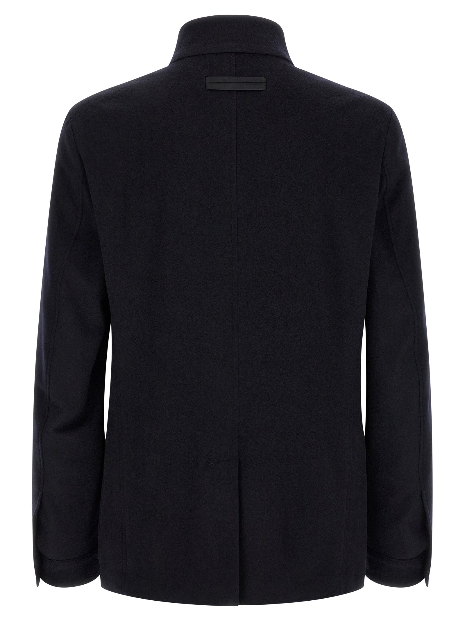 Overcoat by ZEGNA for men in cashmere & leather blue features an satoral silhouette, showcasing a sophisticated high-collar neckline and satoral pockets for a premium, timeless look.