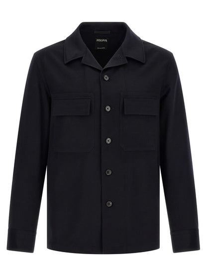 Overshirt by ZEGNA for men in cashmere dark-blue showcases a sharp silhouette, elegantly detailed with a sharp and sharp .