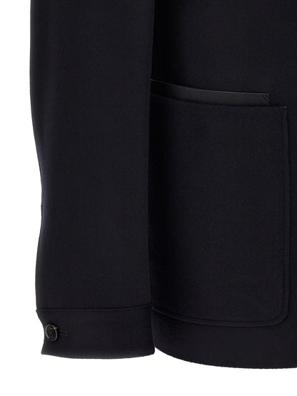 Overcoat by ZEGNA for men in cashmere & leather blue features a contemporary silhouette showcasing a contemporary and refined pockets for a sophisticated finish.