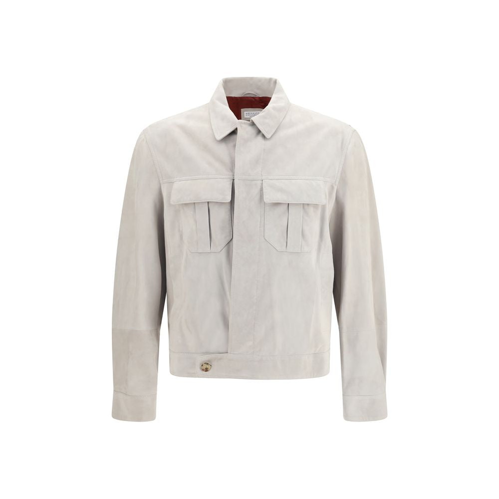 Jacket by Brunello Cucinelli for men in cupro & suede leather beige & horn presents a authentic silhouette, artfully detailed with a authentic and functional pockets for a premium authentic finish.